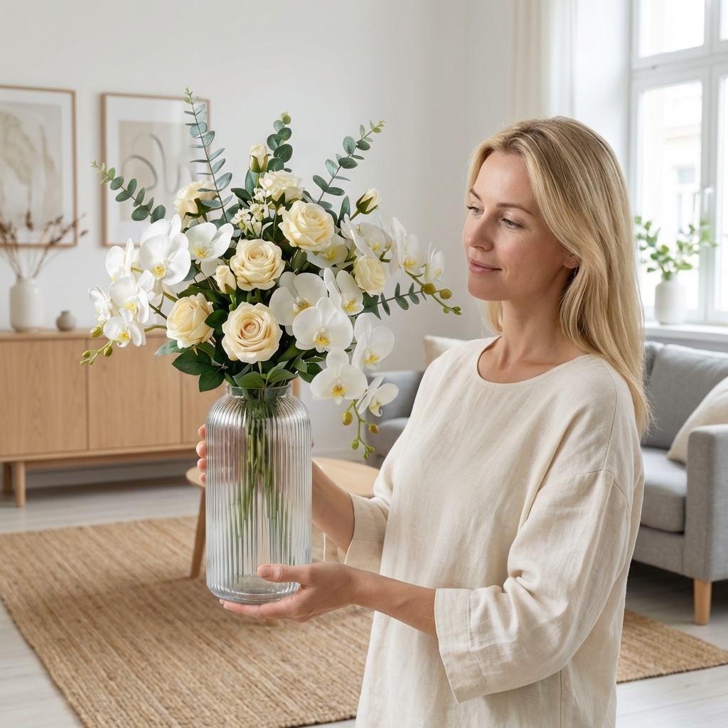 Sophisticated White Roses & Pampas Grass Bouquet – Elegant Décor for Any Room